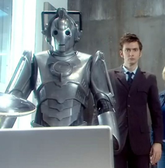 David Tennant with a new-look Cyberman. 