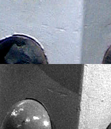 A close-up of a scratch as seen in  Power of the Daleks (bottom) and recently (top)
