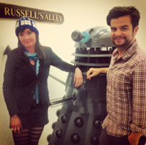 Producer, Caroline Skinner and Brand Manager, Edward Thomas with Russell T. Davies's Dalek