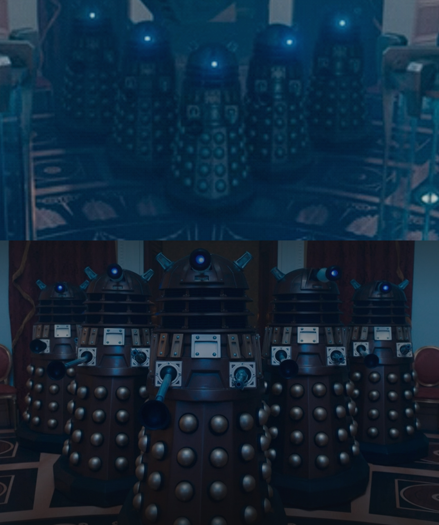 CGI Daleks (top) and the hero props